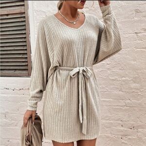 Cream Ribbed Knit Sweater Dress